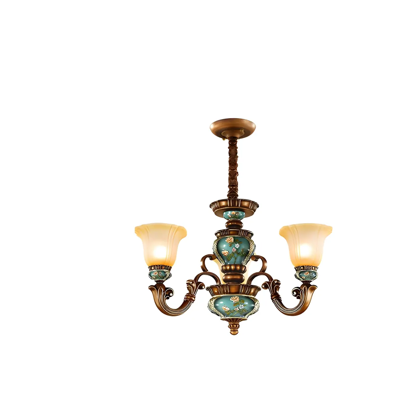 Classic Floral Copper Frosted Glass Ceramic Chandelier