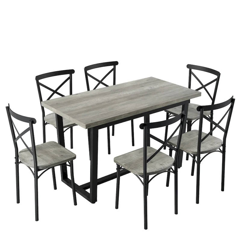Modern Style 7-Piece Dining Set with Rectangular Table and 6 Cross Back Dining Chairs