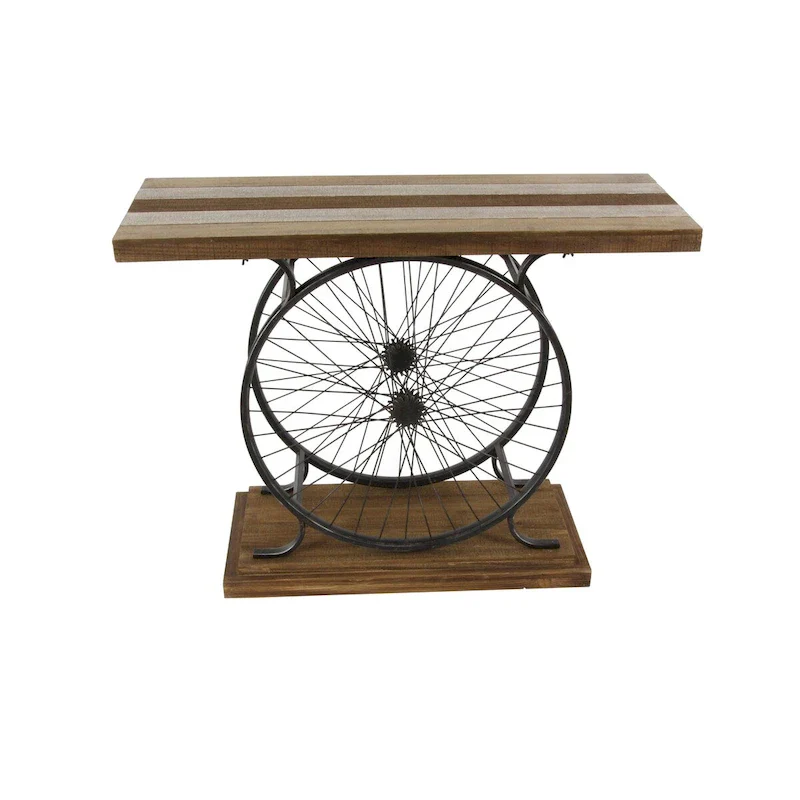 Wood Bike Wide Slatted Top Console Table with Dual Wheel Frame and Tiered Base - Brown or Blue - Roche River Decor