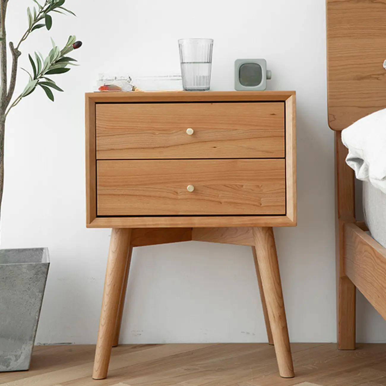 Scandinavian Narrow Cherry Wood Nightstand with Drawers