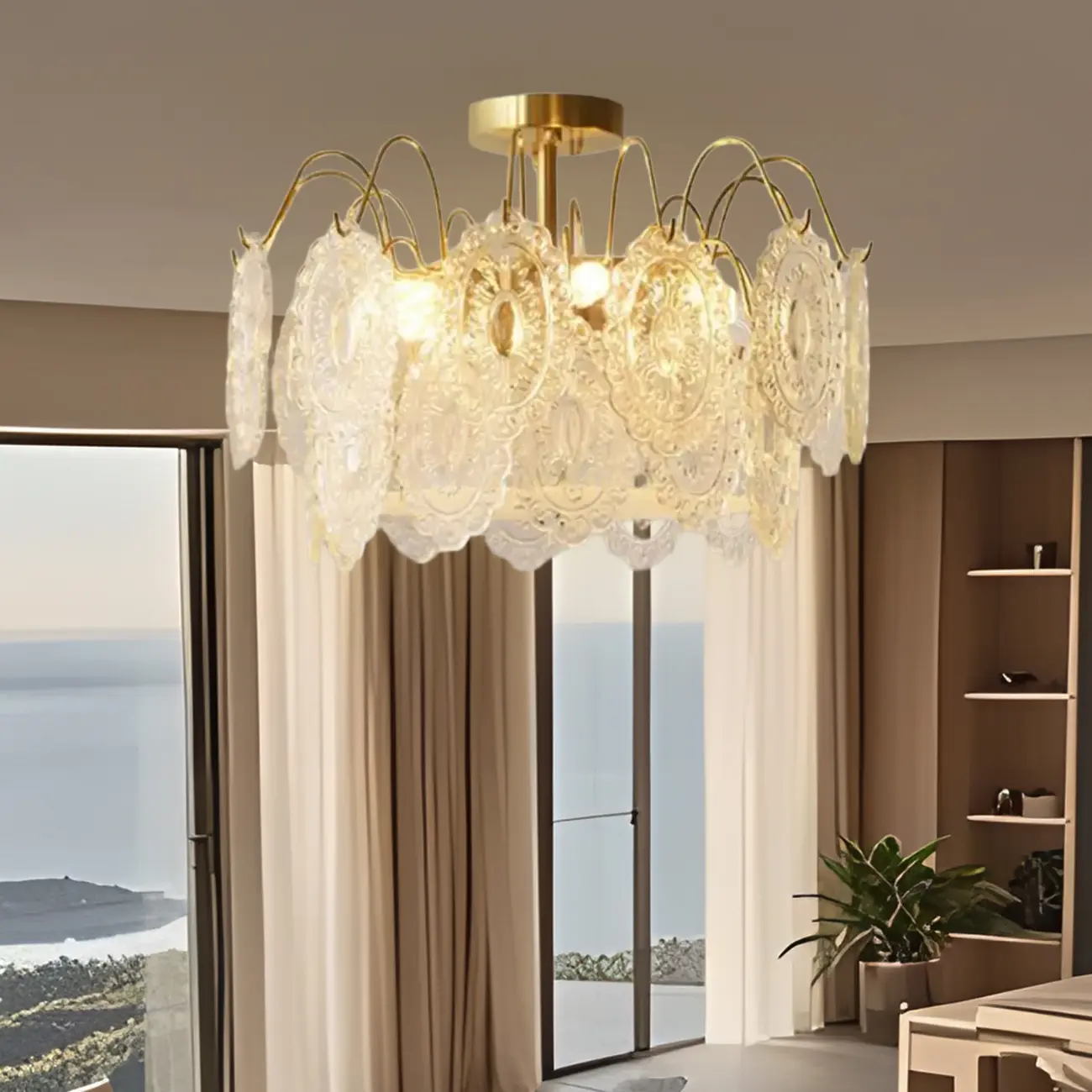 Elegant Round Gold Clear Glass Semi Flush Ceiling Light