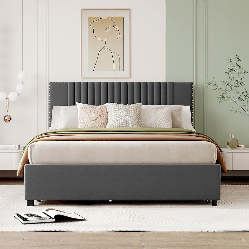 Linen Upholstered Platform Bed Vertical Lines Headboard with Nailhead Trim, Wood Panel Bed Frame 2 Drawers & Trundle Bed