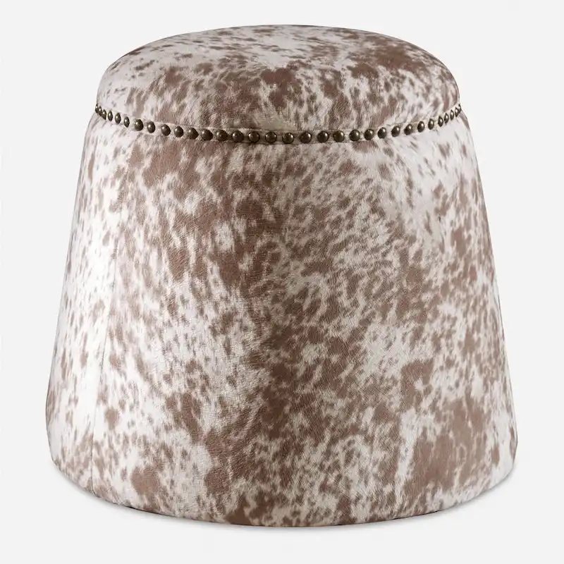 Cow Hide Pouf Ottoman with Nail Heads - 17 - Brown and White