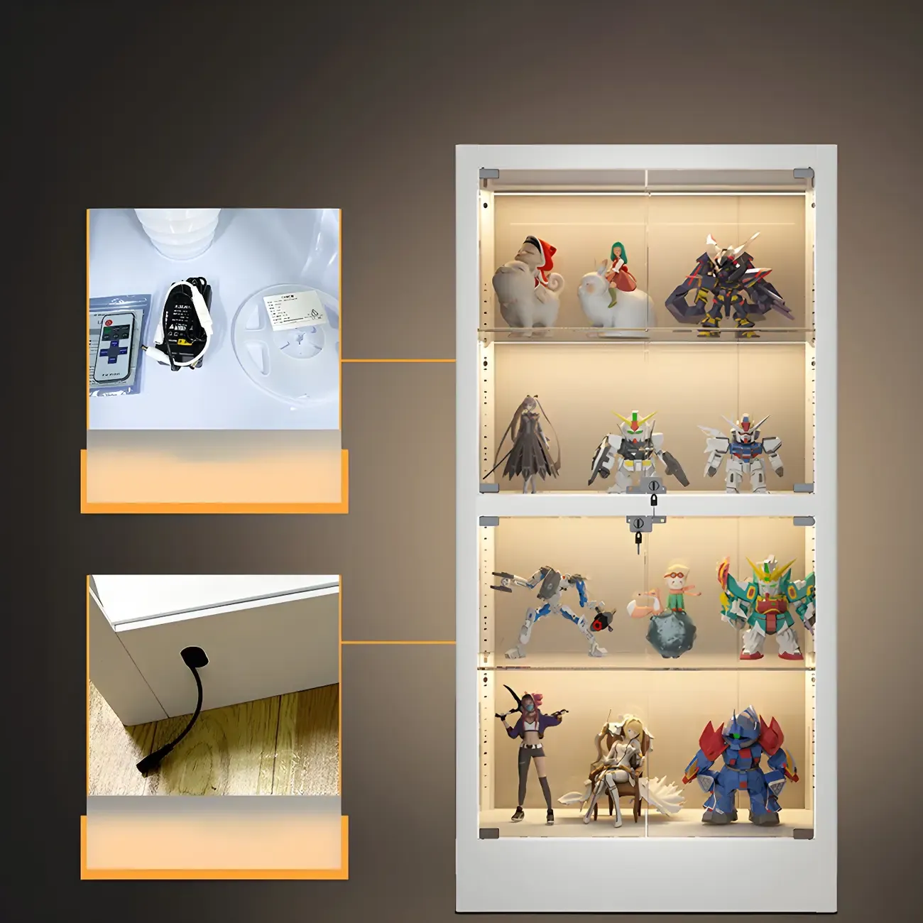 Adjustable Shelves White Glass Locking Curio Cabinet