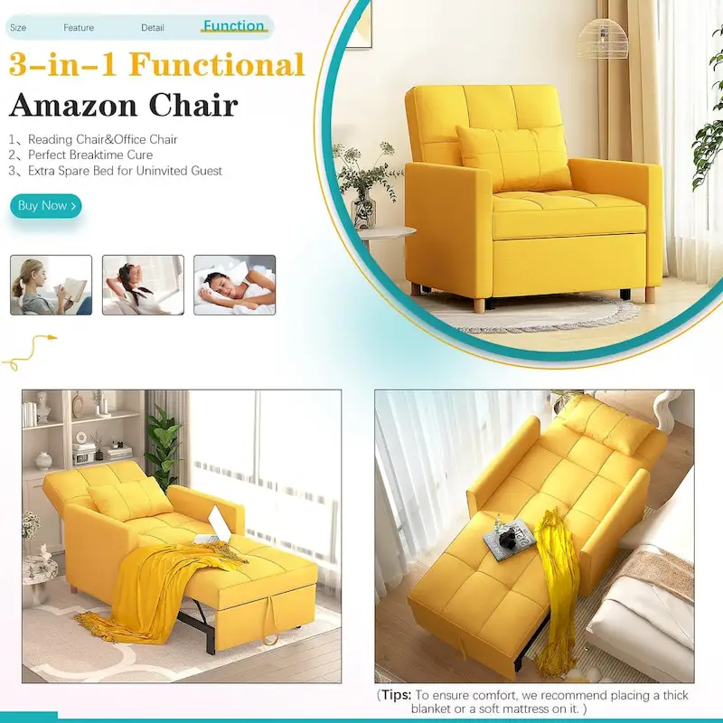 AECOJOY 3 in 1 Sleeper Sofa Chair w/ Pillow &Convertible Backrest