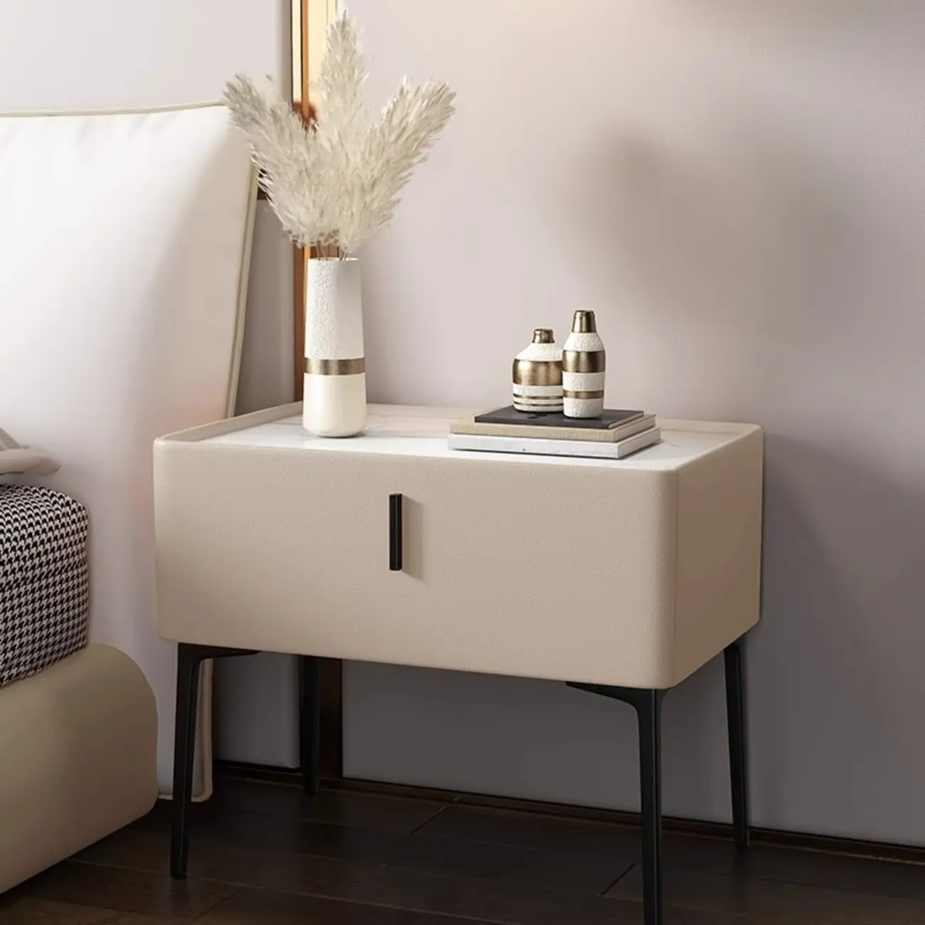 Modern 1 Tier Drawer Nightstand with Faux Marble Countertop
