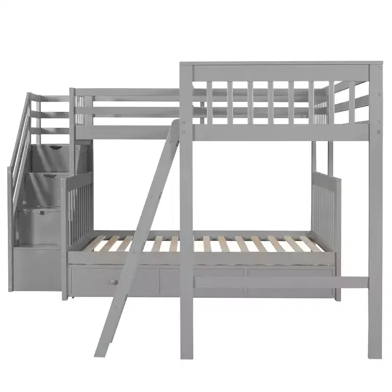 Stylish Design Twin over Full L-Shaped Bunk Bed With 3 Drawers, Ladder and Staircase