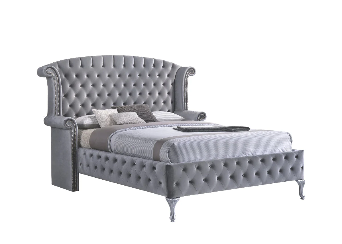 Dena Grey Velvet Tufted with Nailheads Bedroom Collection