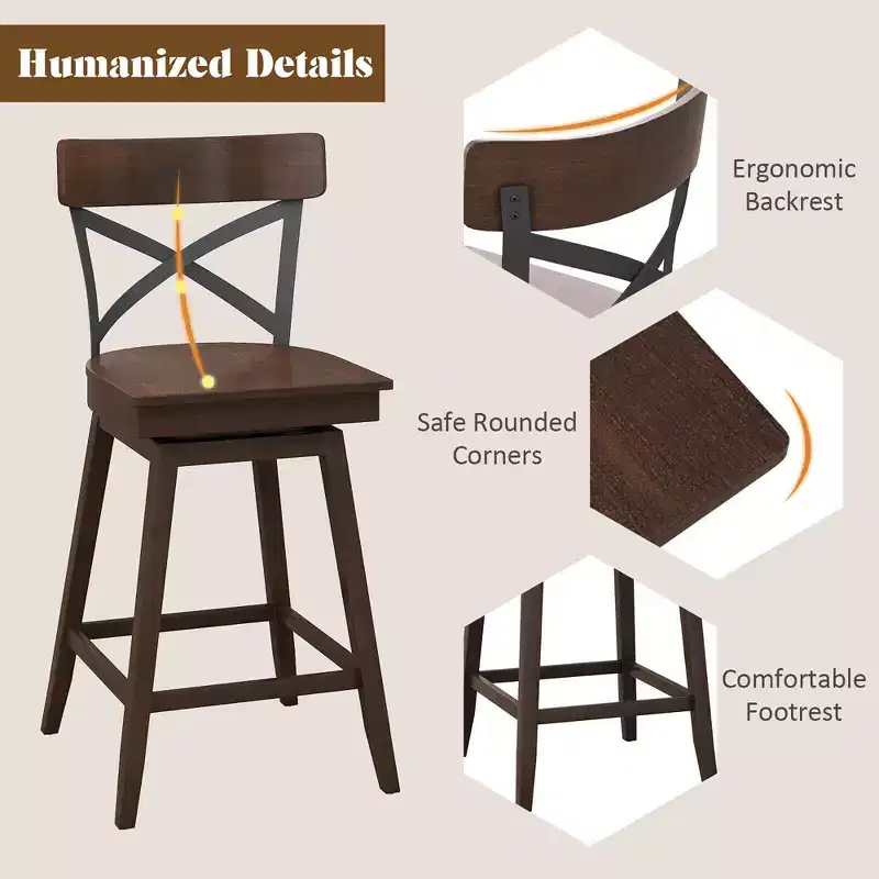 Costway Set of 4 Wooden Swivel Bar Stools Counter Height Kitchen Chairs w/ Back Brown