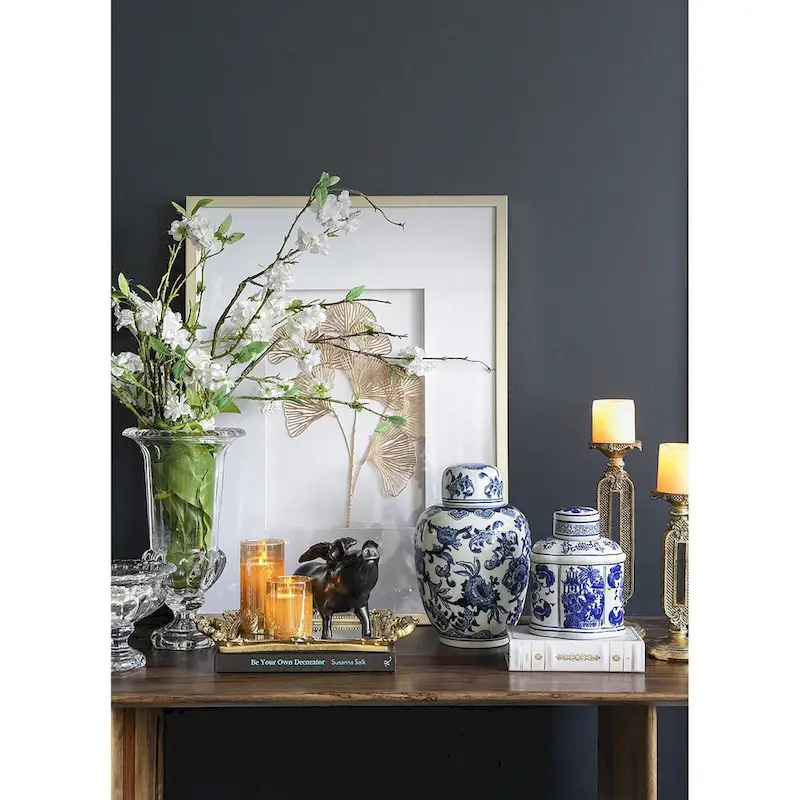 A&B Home Ren Blue and White Oval Jar with Lid