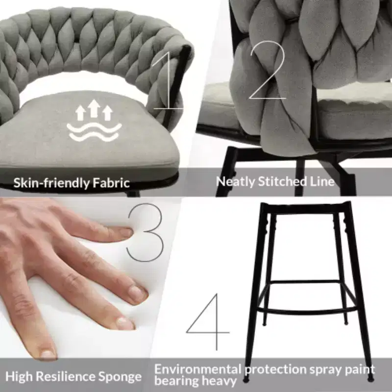 Back and Footrest Included, 2 Linen Woven Swivel Bar Stools Set, Non-Adjustable Kitchen Chairs