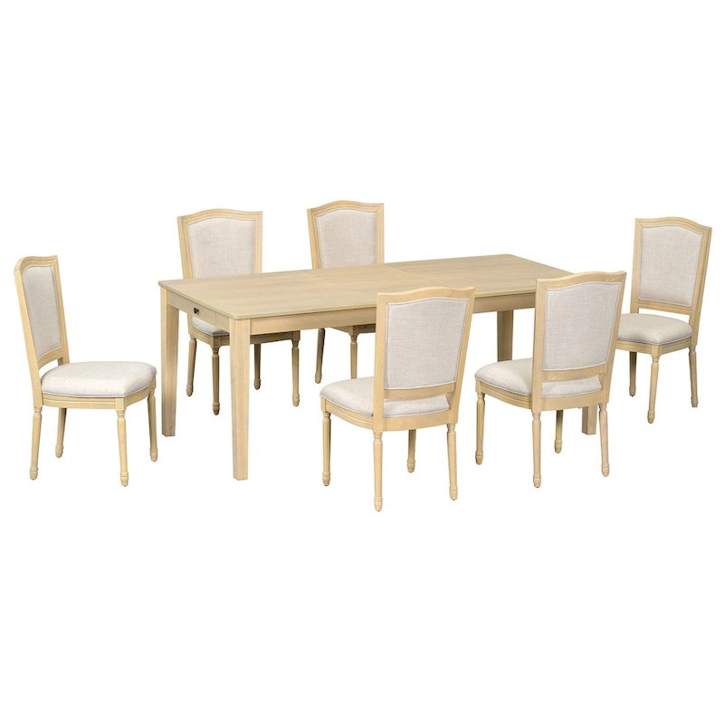 7 Pcs Dining Table Set, Solid Wood Table and Chairs Set with Extendable Dining Table, 2 Drawers and 6 Upholstered Chairs