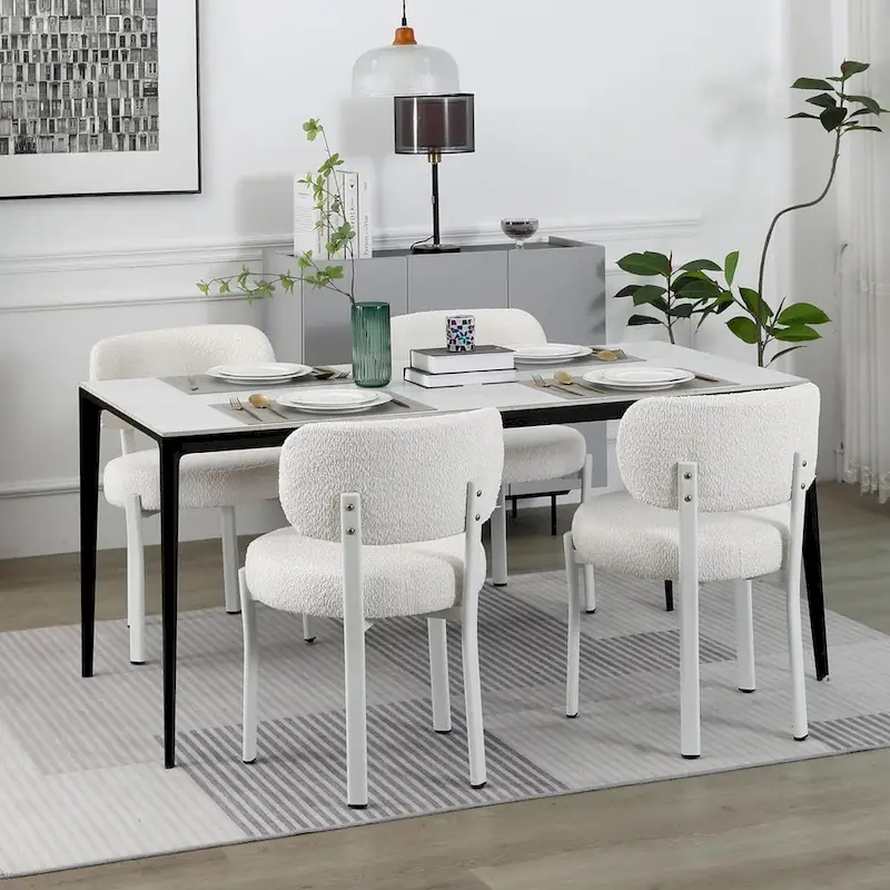 XINMICS Upholstered Modern Boucle Dining Room Chairs with White Metal Legs