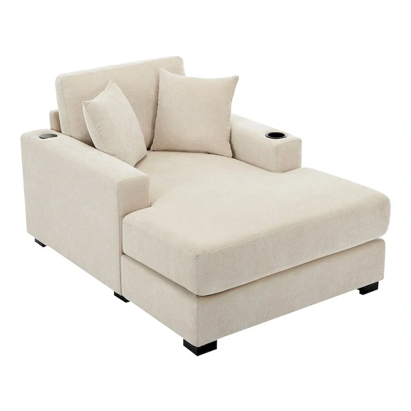 43.5 Chenille Fabric Chaise Lounger Sofa Couch with Pillows, Charge Station & Cup Holders