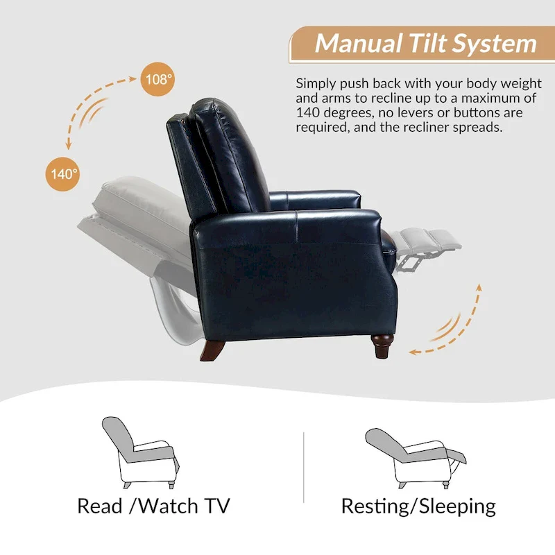 Mid-century Modern Genuine Leather Recliner with Nailhead Trim Set of 2