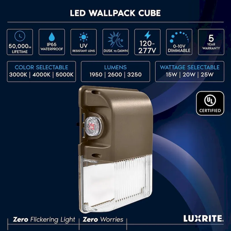 Luxrite 15/20/25W LED Wall Pack Light with Photocell, 3CCT, 1950/2600/3250LM, Dusk to Dawn, IP65, Dimmable 2-Pack