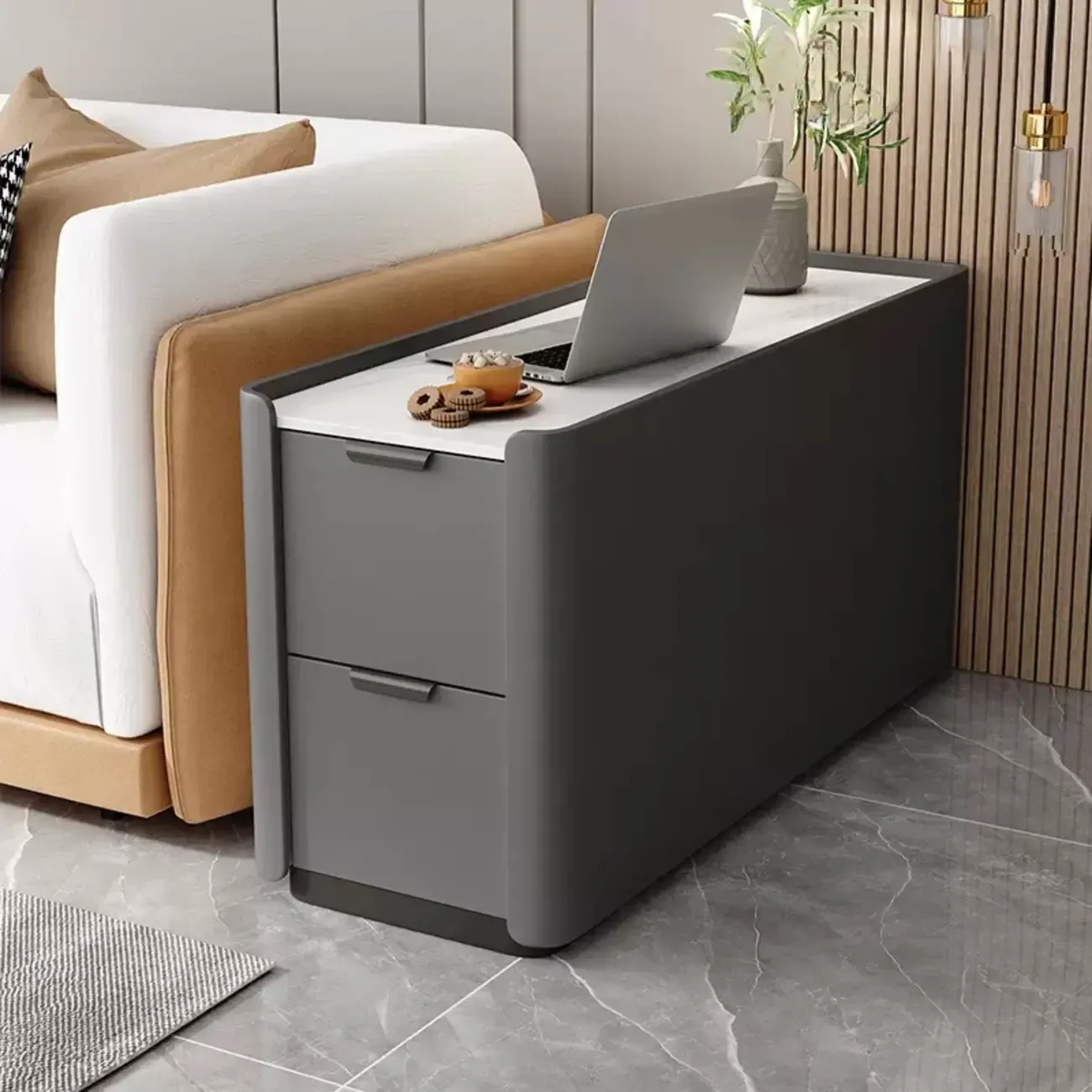 Compact Khaki Stone Top 2-Drawer Wood Block Side Table