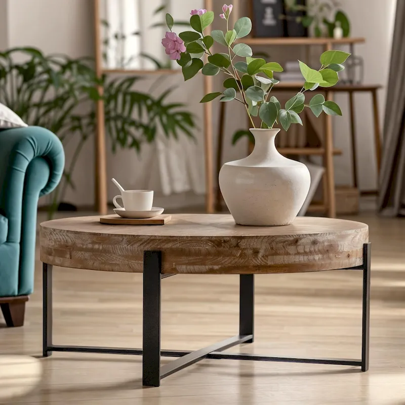 33.86 Modern Retro Splicing Wooden Round Coffee Table with Cross Legs Base