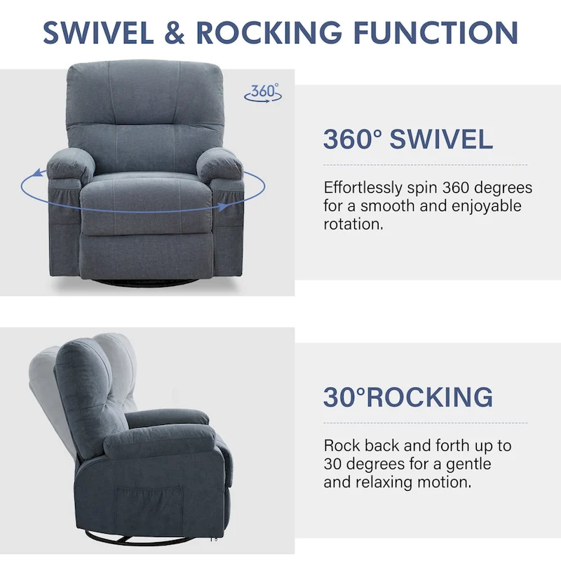 360 Linen Swivel Rocker Recliner with Side Pockets