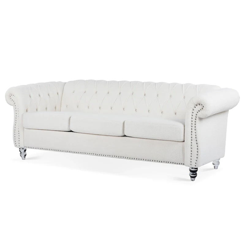 3-Seater Sofa, Button-Tufted, Rolled Arms, Nailhead Trim, Low Back, Upholstered, Seats 3, White