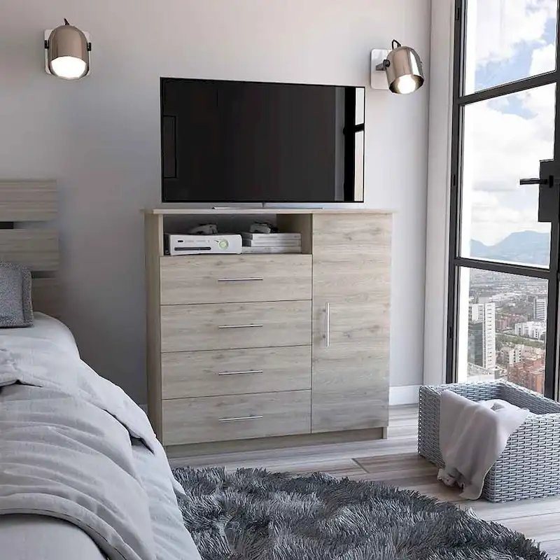 4 Drawer Dresser, Single Door Cabinet, One Open Shelf, Superior Top