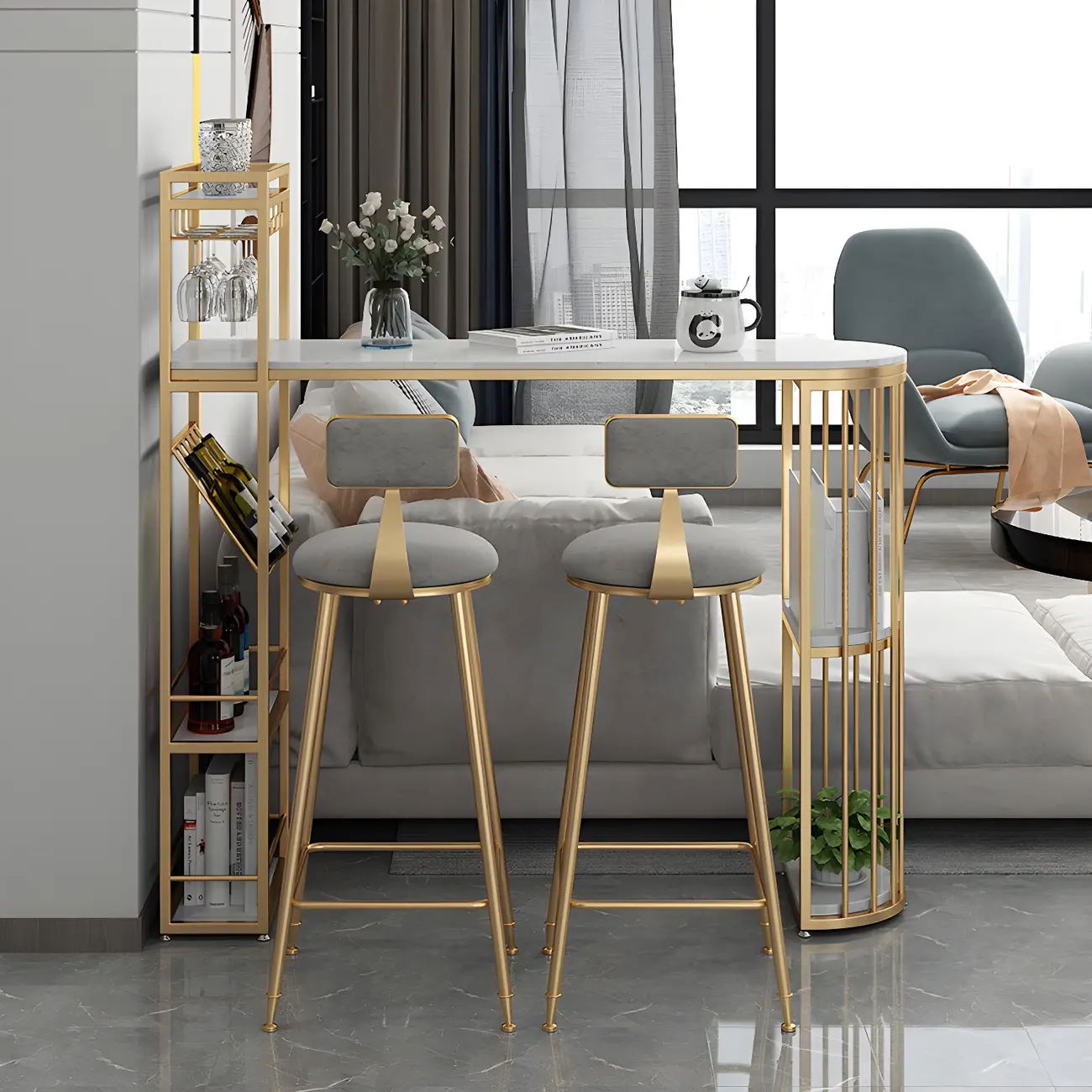 Glam Gold Faux Marble Iron Wine Holder Bar Tables
