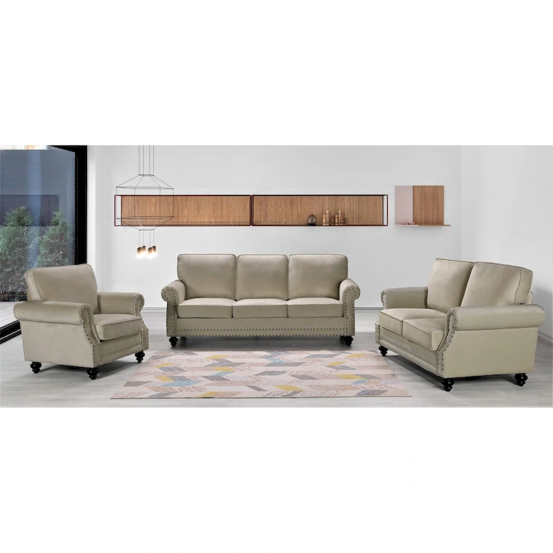 Ramos Nailhead Velvet 3-Piece Set-Loveseat Sofa and Chair