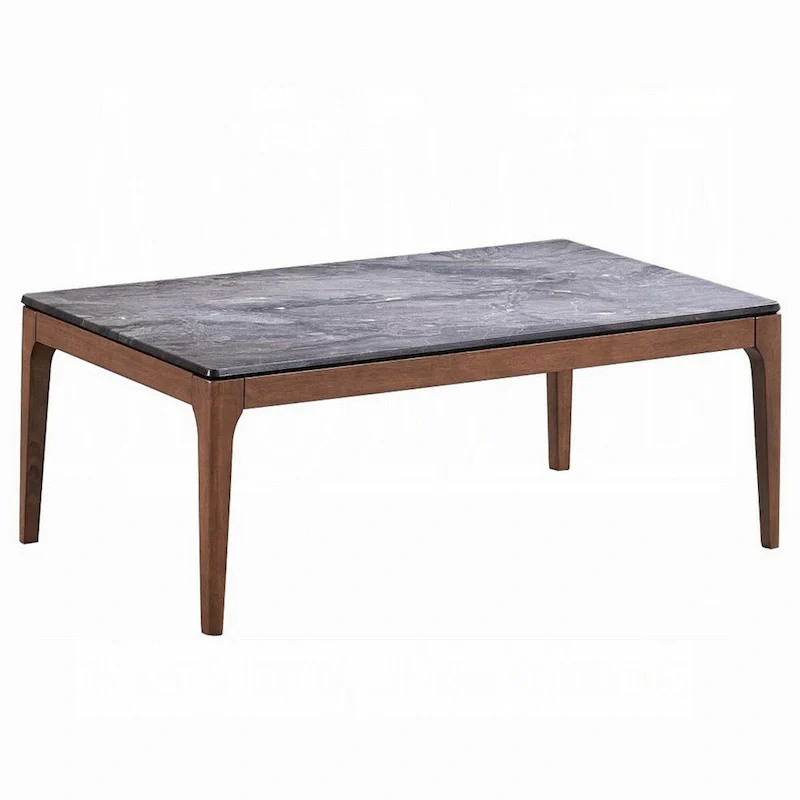 Evis Coffee Table, Rectangular 47 Inch Gray Faux Stone, Brown Wood