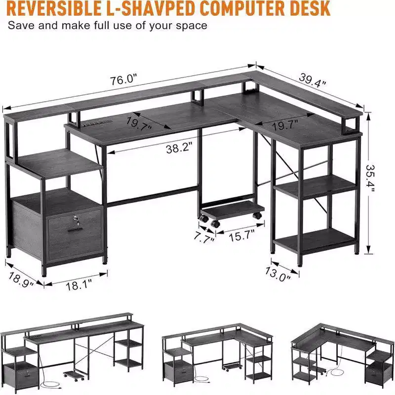L Shaped Desk, 76 Inch Reversible Office Desk with File Drawer for Home Office