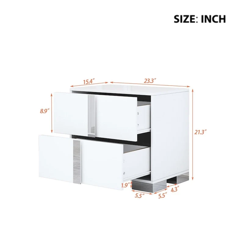 Elegant Mirrored Nightstand with Metal Handle, 2 Drawers