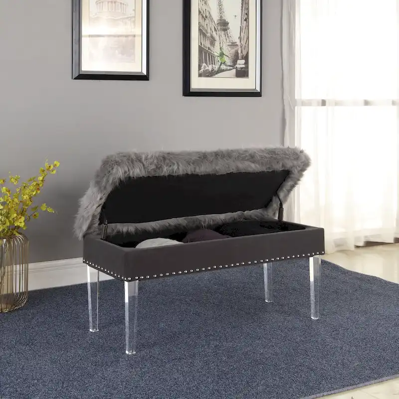 Faux Fur Mid-Century Modern Tufted Upholstered Bench with Acrylic Legs