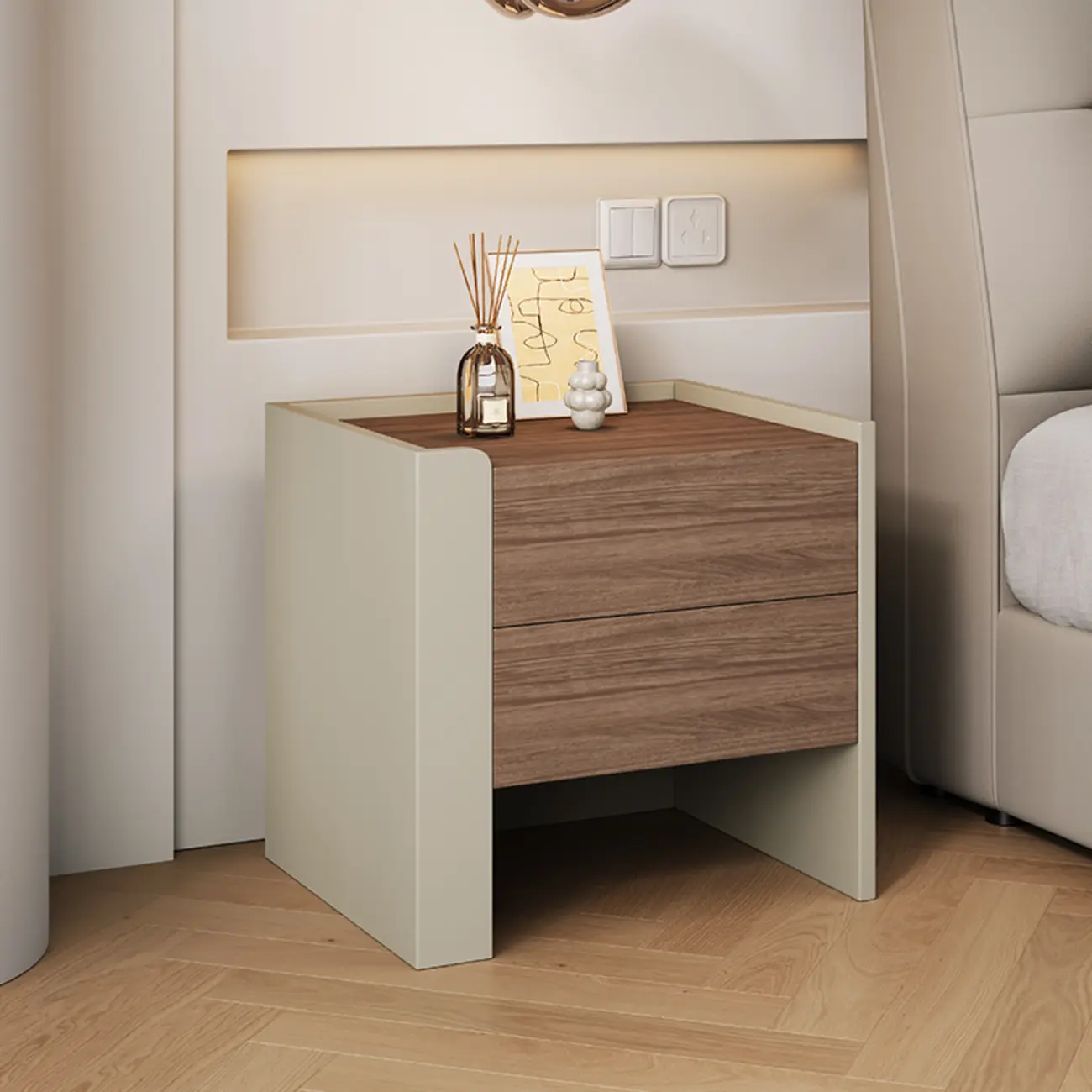 Modern Brown Grey Pine Wood 2-Drawer Nightstand