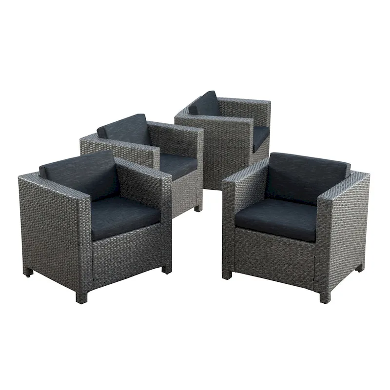 Elza Outdoor Accent Chair Set of 4, Rattan Wicker, Charcoal Gray Seat
