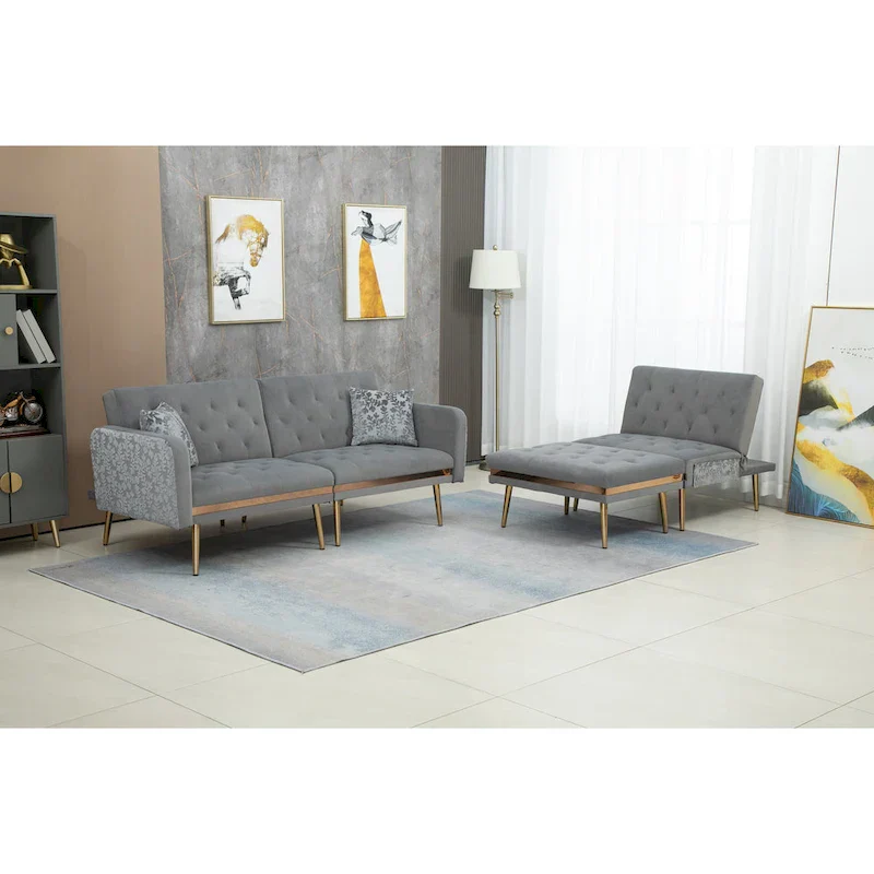 Polyester Upholstered Tufted Sleeper L-Shaped Sectional Sofa With Ottoman