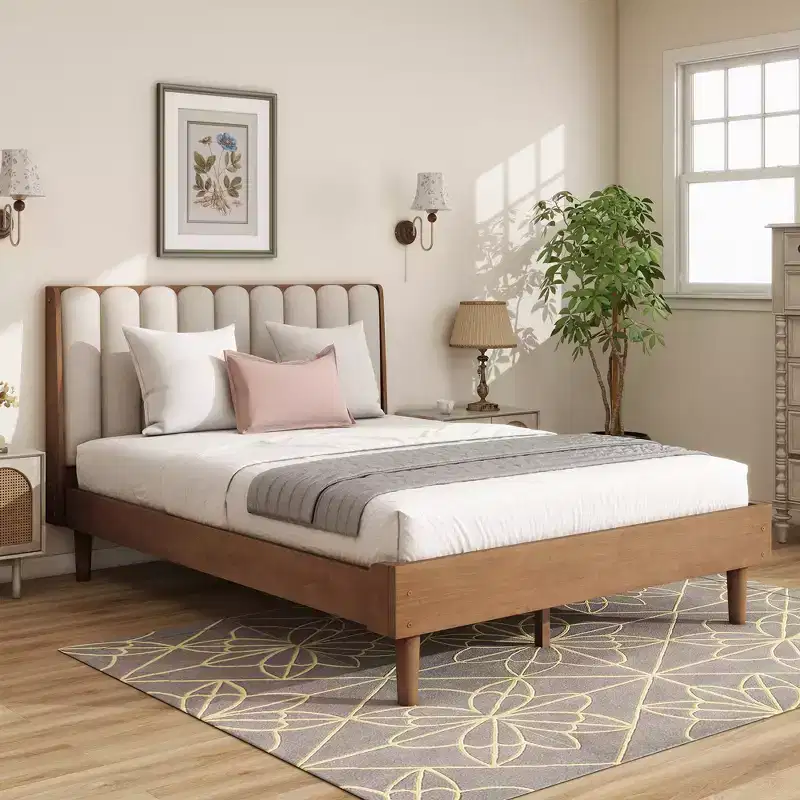 Whisen Wood Bed with Upholstered Headboard and Strengthened Frame