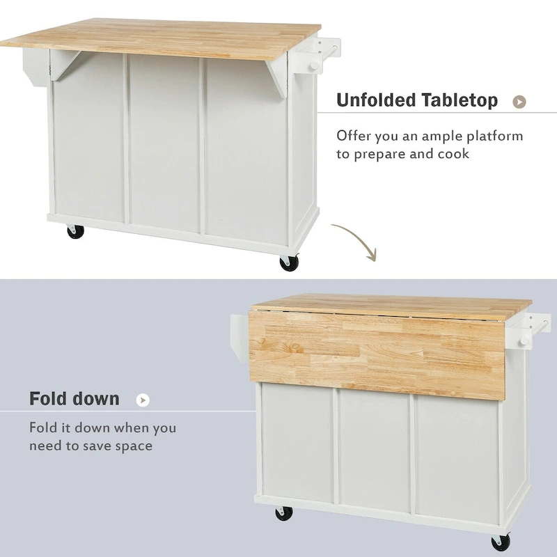 Kitchen Cart With Rubber Wood Drop-Leaf Countertop