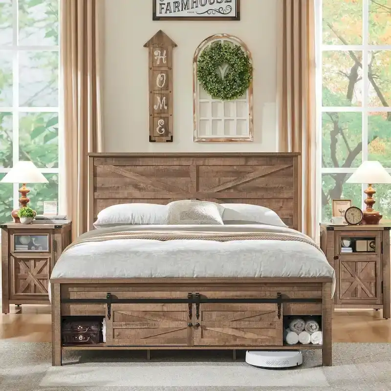 Farmhouse Queen Size Wood Bed Frame , with Cabinets and Headboard