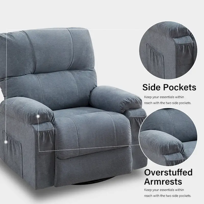 360 Linen Swivel Rocker Recliner with Side Pockets