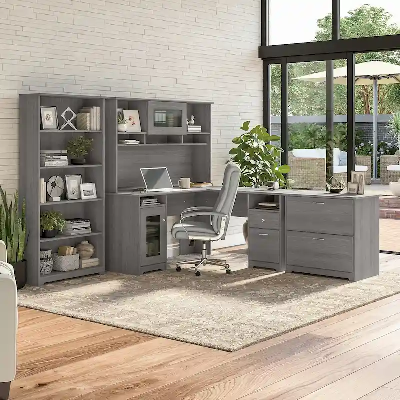 Cabot 60W L-Desk with Hutch, Cabinet and Bookcase by Bush Furniture