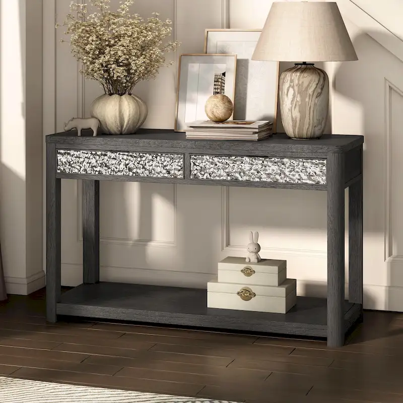 Furniture of America Piez Modern Ash Grey Wood 2-Drawer Sofa Table with Open Shelf