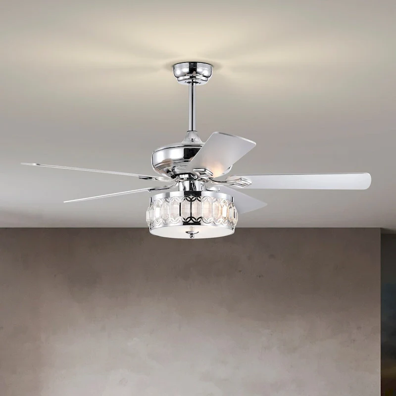 52  3-Light Chrome Ceiling Fan + Remote, Traditional Farmhouse Rustic Industrial Bohemian