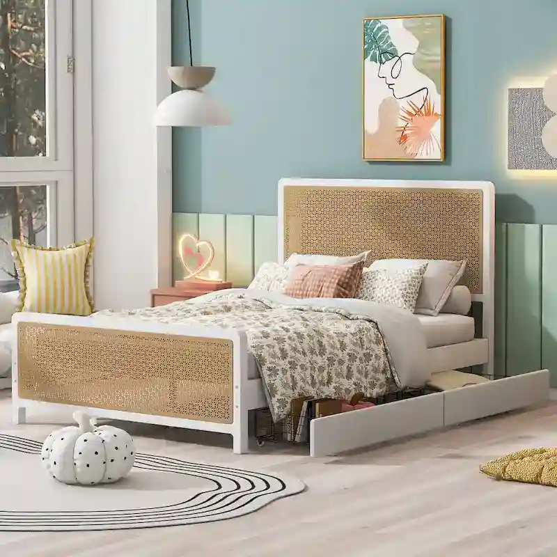 Queen Size Metal Platform Bed with 2 Drawers