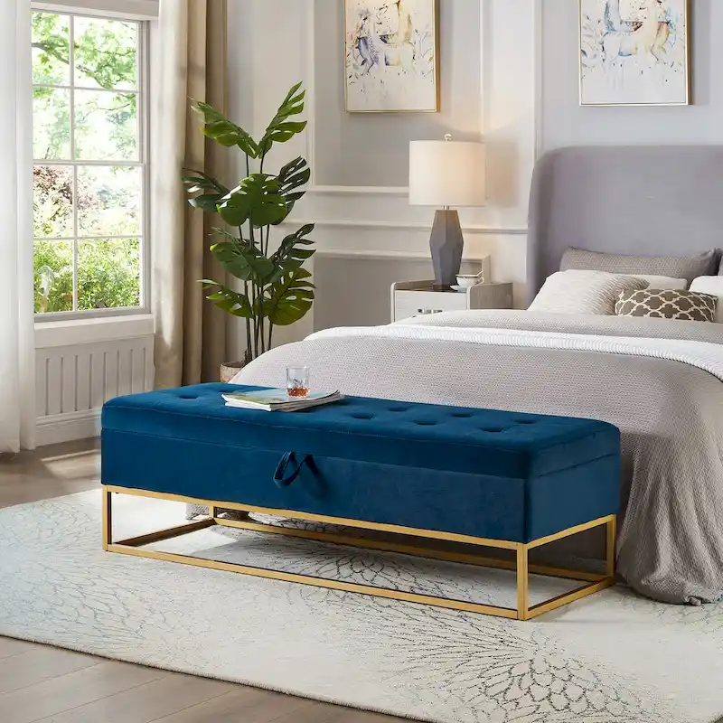 Charlotte Velvet Tufted Storage Bench with Metal Base