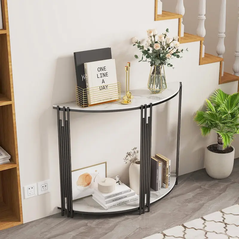 Modern Half Moon Console Table Hallway Side Table 2-Tier