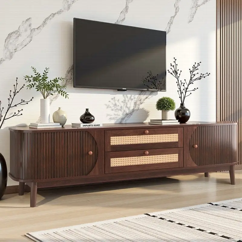 Rattan TV Stand for TVs Up to 75 , Media Console Entertainment Center with Solid Wood Legs