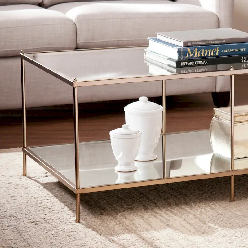 SEI Furniture Grant Goldtone Rectangular Coffee Table with Glass top and Bottom Shelf