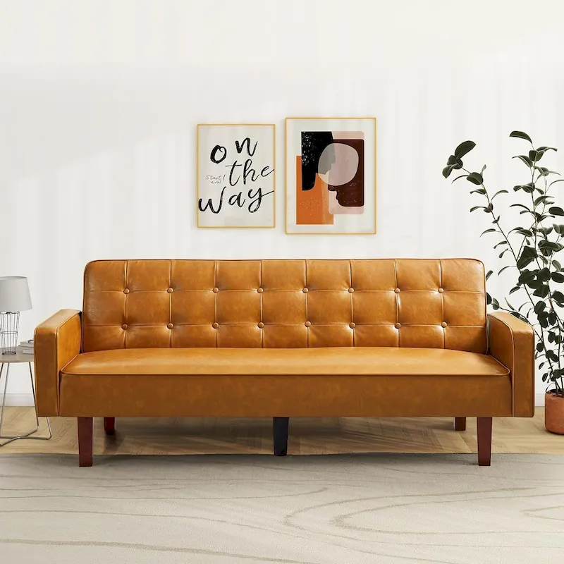 Faux Leather Futon Sofa Bed Sleeper Couch, Mid Century Button Tufted Upholstered Convertible Sofa Bed with Wooden Legs