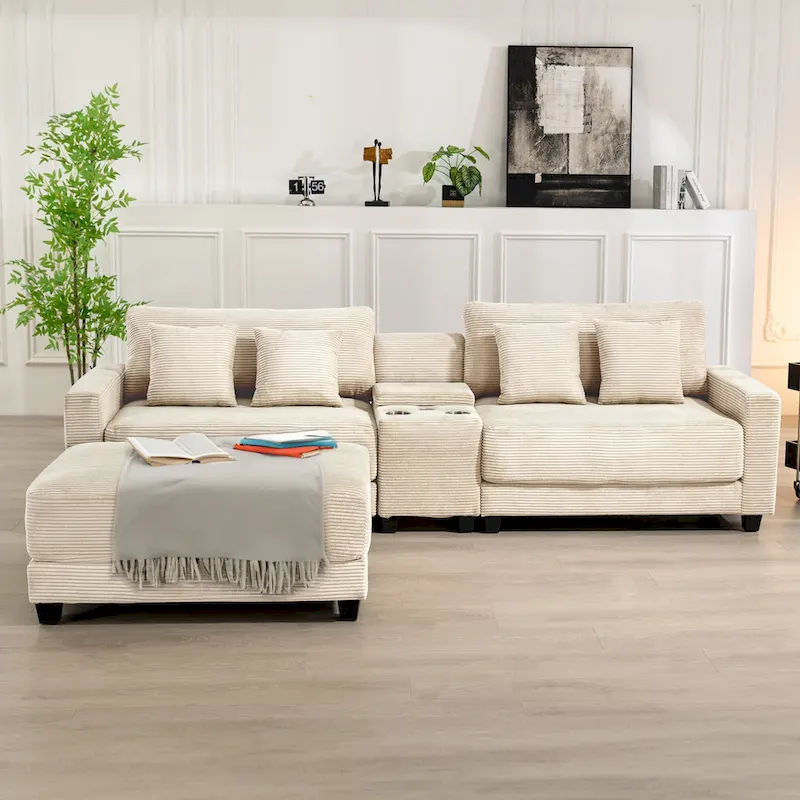 Oversized Corduroy Upholstered Sofa with a Removable Ottoman & 4 Pillows