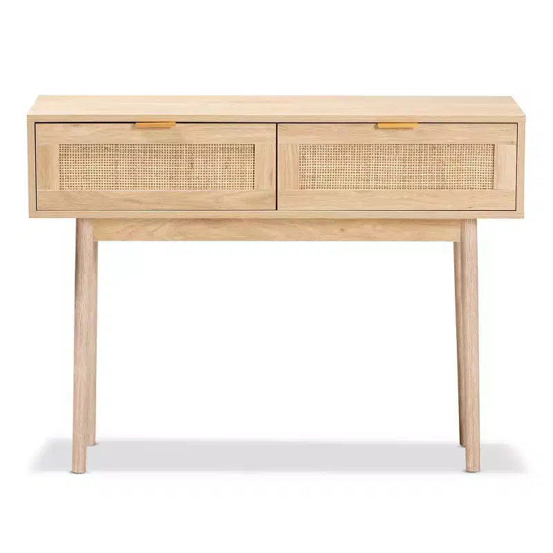 Baird Wood and Rattan 2 Drawer Console Table Brown - Baxton Studio: Gold Tone Handles, Bohemian Style