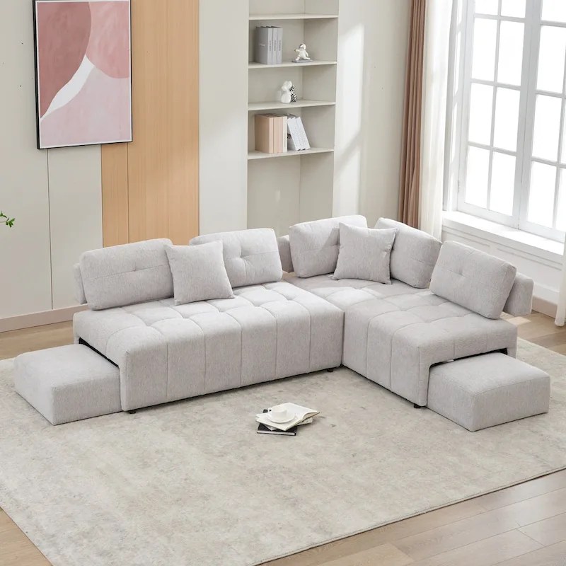 91.73  L-Shaped 4 Seater Sectional Sofa with 2 Hidden Stools, 2 Removable Lumbar Pillows, and Durable Chenille Upholstery